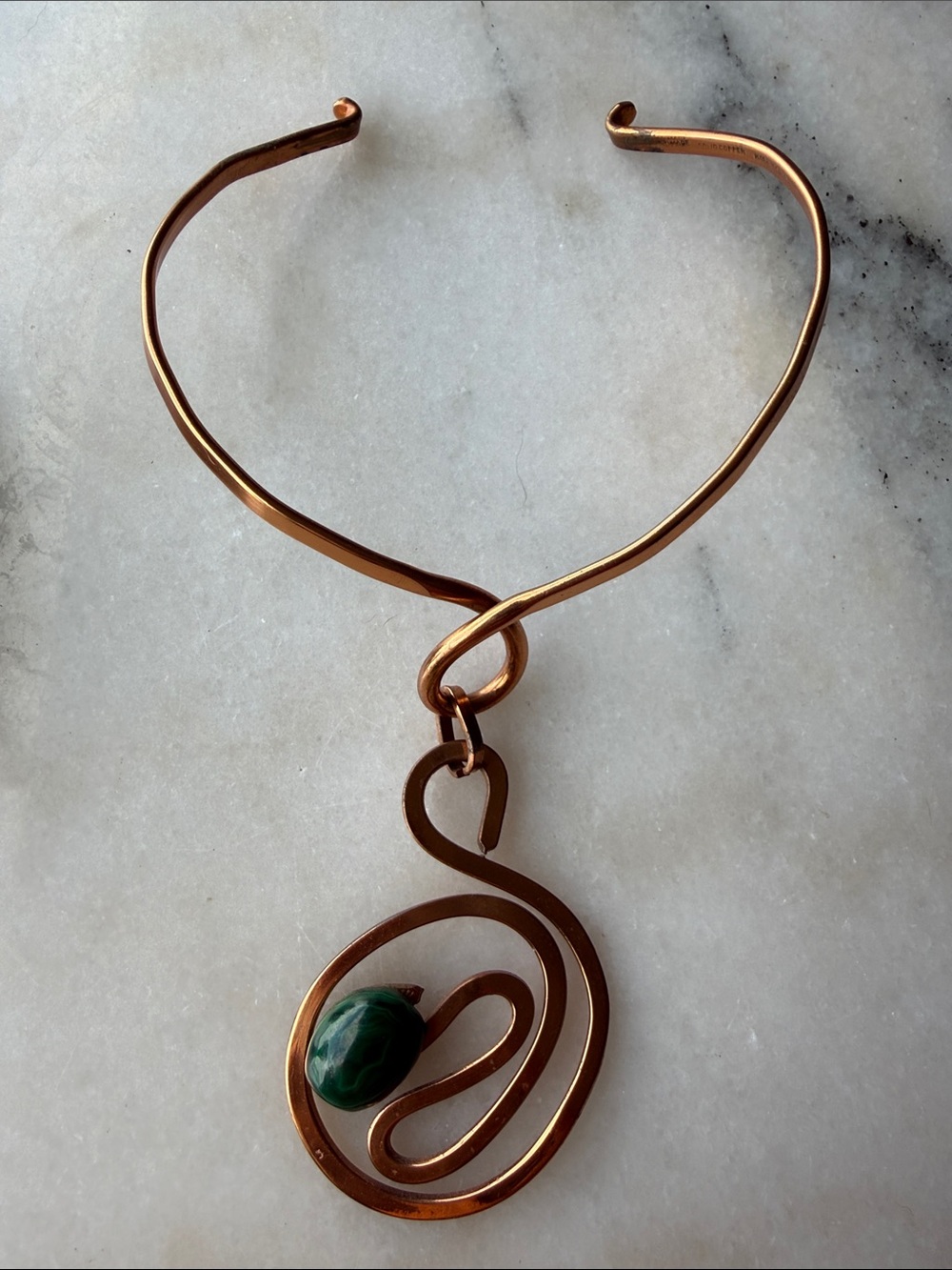 Vintage Kenyan Solid Copper Choker Necklace Green Stone Artisan Statement